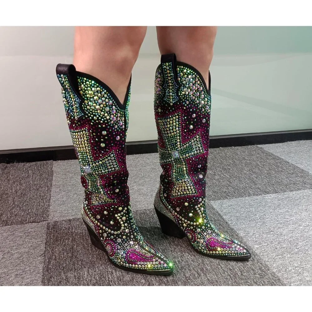 Women's Multi Blue Fashion Rhinestone Cross Western Knee-High Cowboy Boots